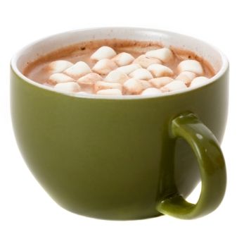 Green mug of hot cocoa with marshmallows on top.