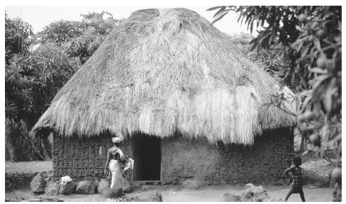 A thatched hut in a village on the south coast of Sierra Leone.