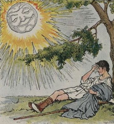 The sun strips the traveler of his cloak, illustrated by Milo Winter in a 1919 Aesop anthology.