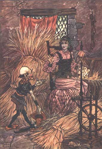 This illustration by Charles Folkard, from Rumpelstiltskin in Grimm's Fairy Tales, 1911. 